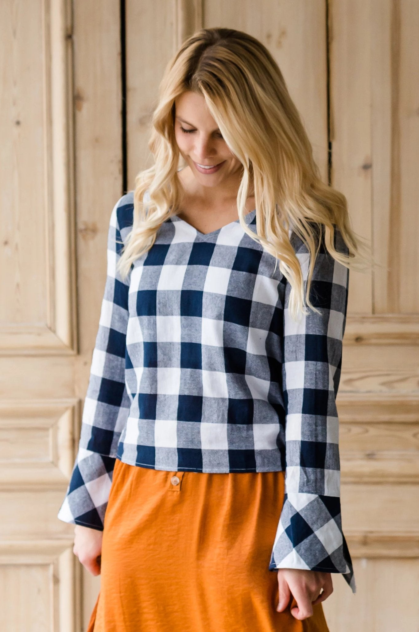 Buffalo Check Print V-Neck Top - FINAL SALE Tops