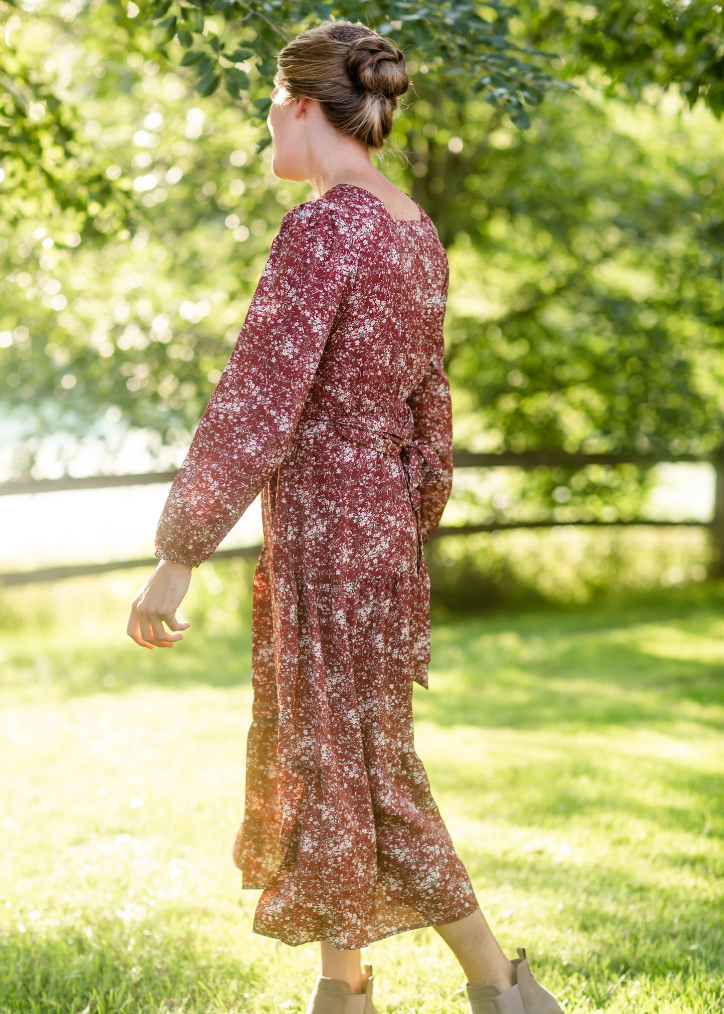 Burgandy Square Neck Puff Sleeve Belted Dress Dresses Hayden Los Angeles