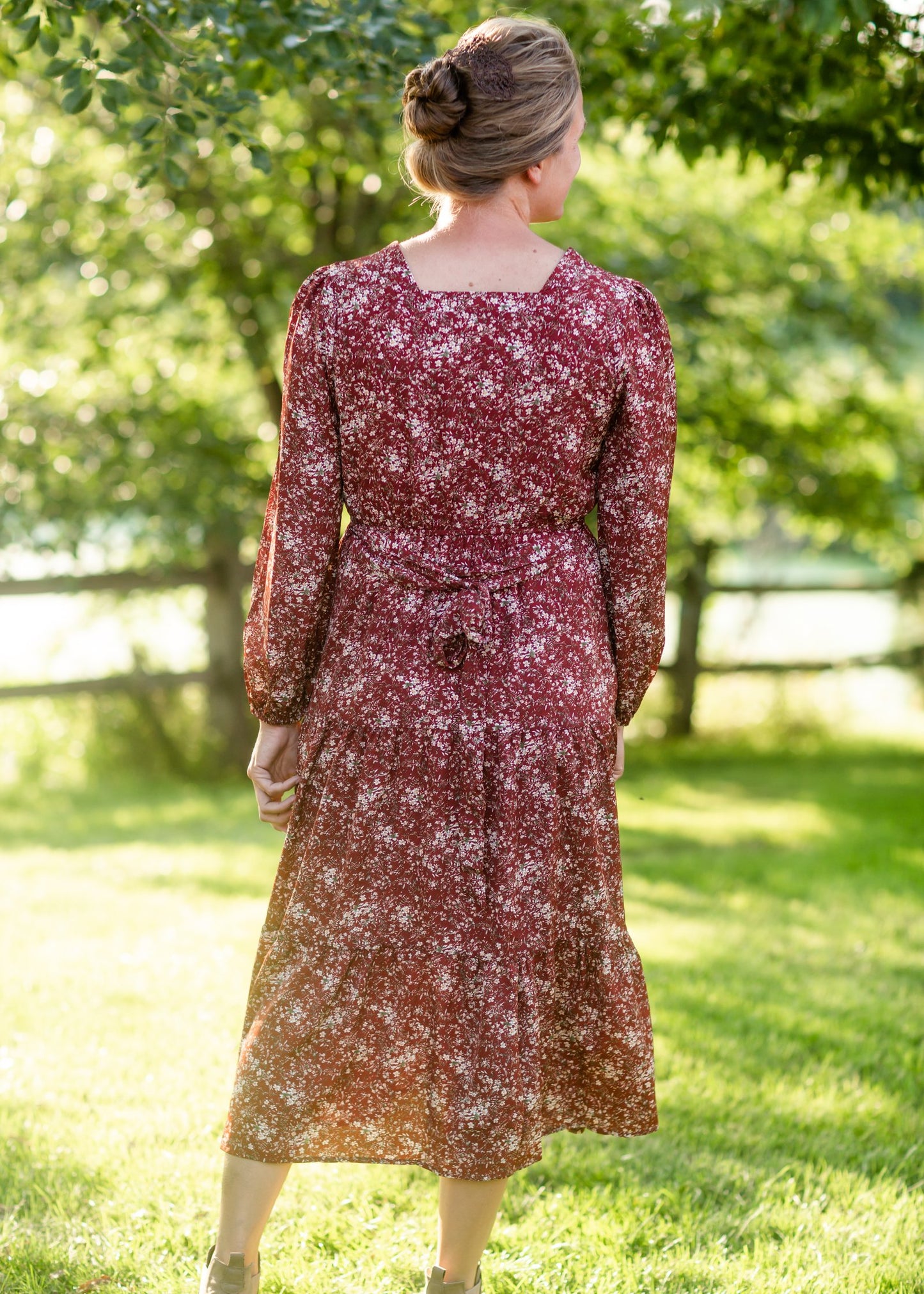 Burgandy Square Neck Puff Sleeve Belted Dress Dresses Hayden Los Angeles