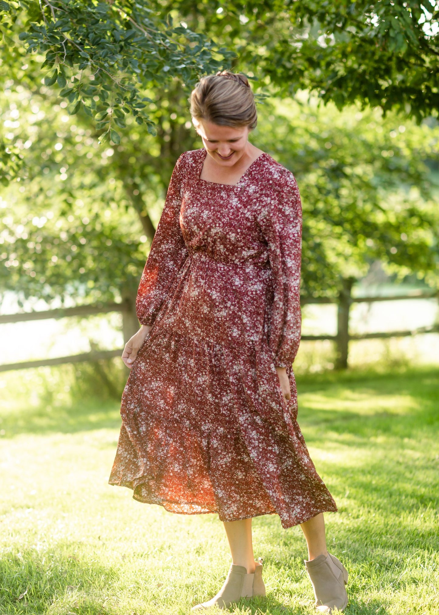 Burgandy Square Neck Puff Sleeve Belted Dress Dresses Hayden Los Angeles