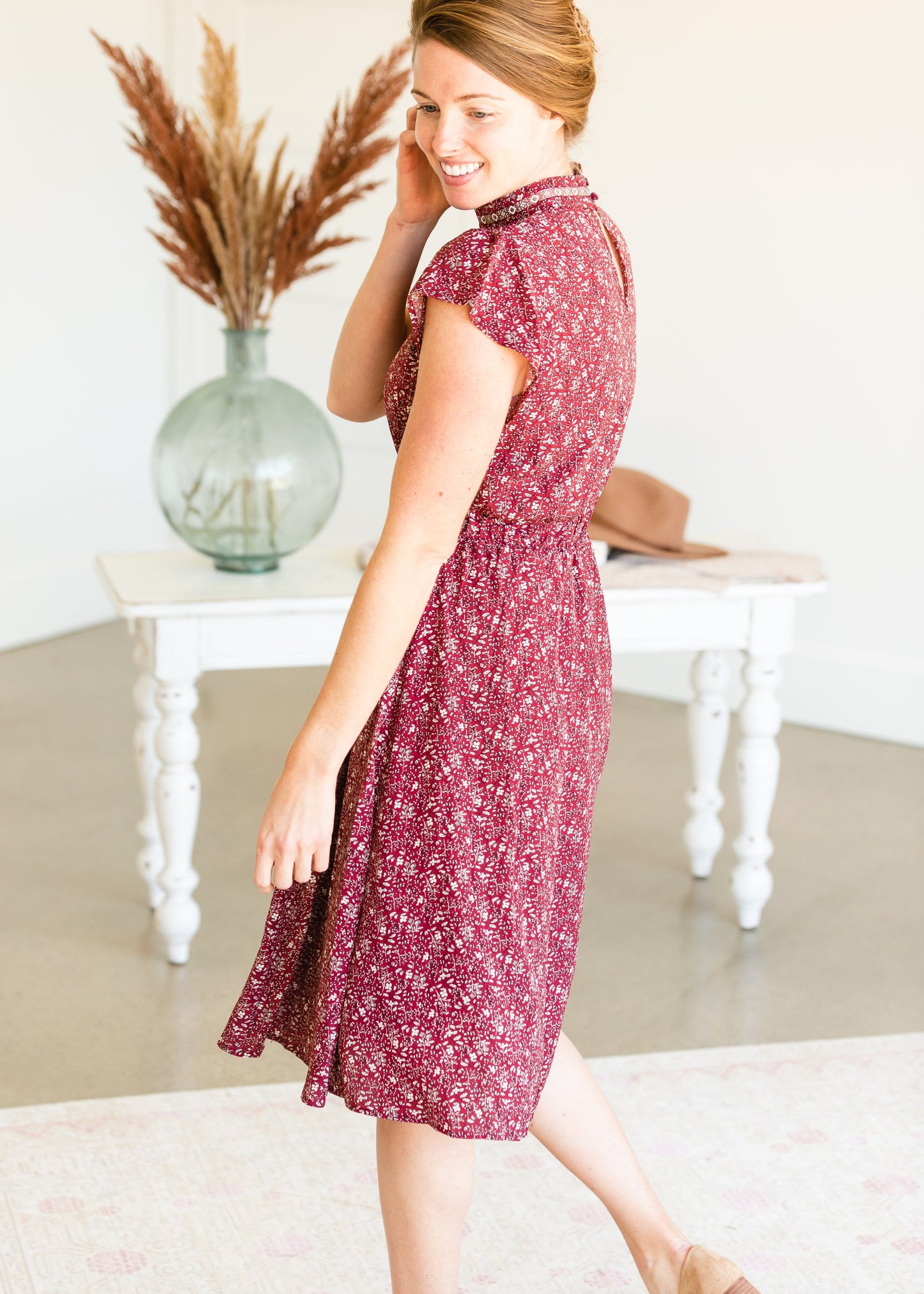 Burgundy Ditsy Print Floral Midi Dress - FINAL SALE Dresses