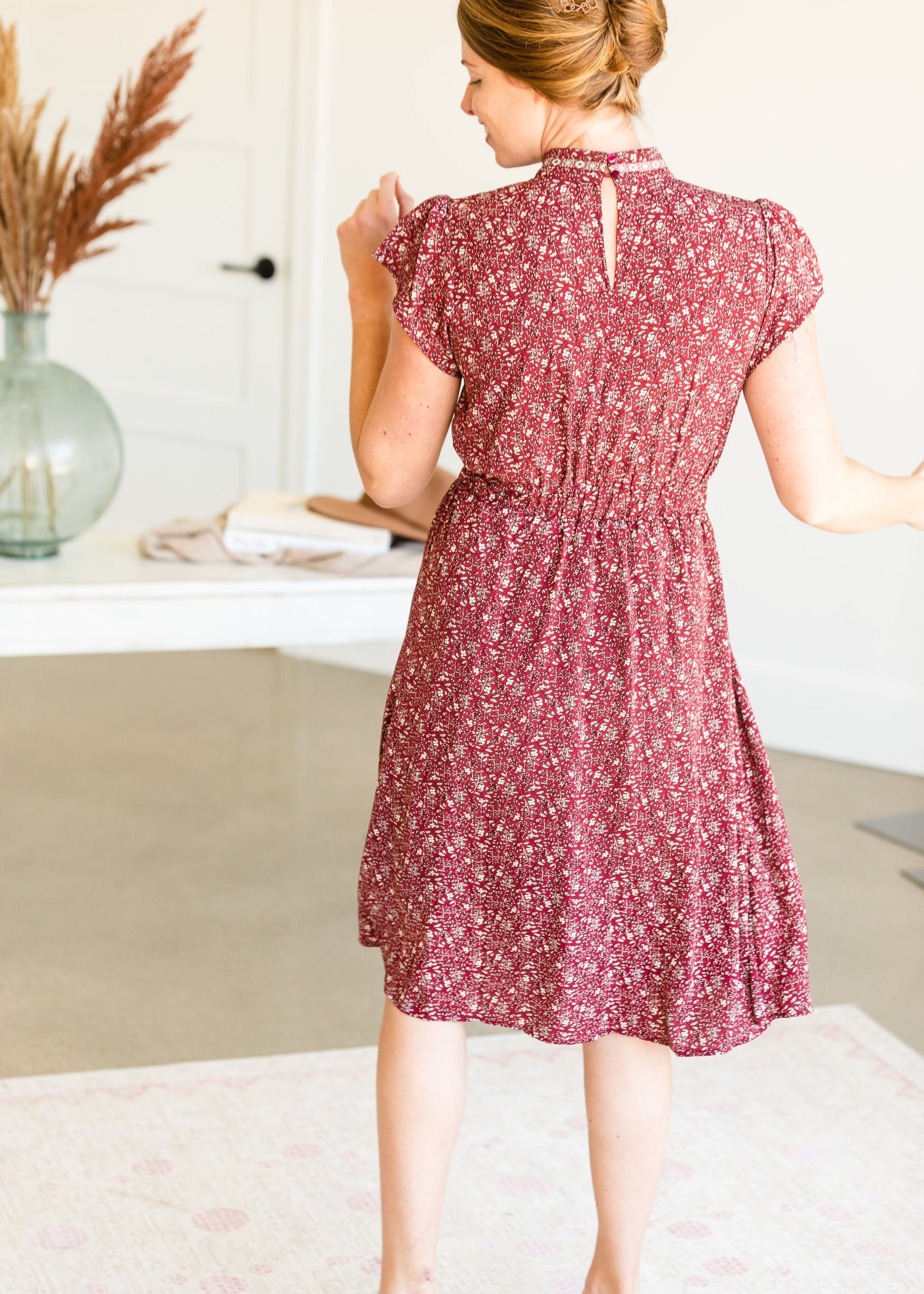 Burgundy Ditsy Print Floral Midi Dress - FINAL SALE Dresses