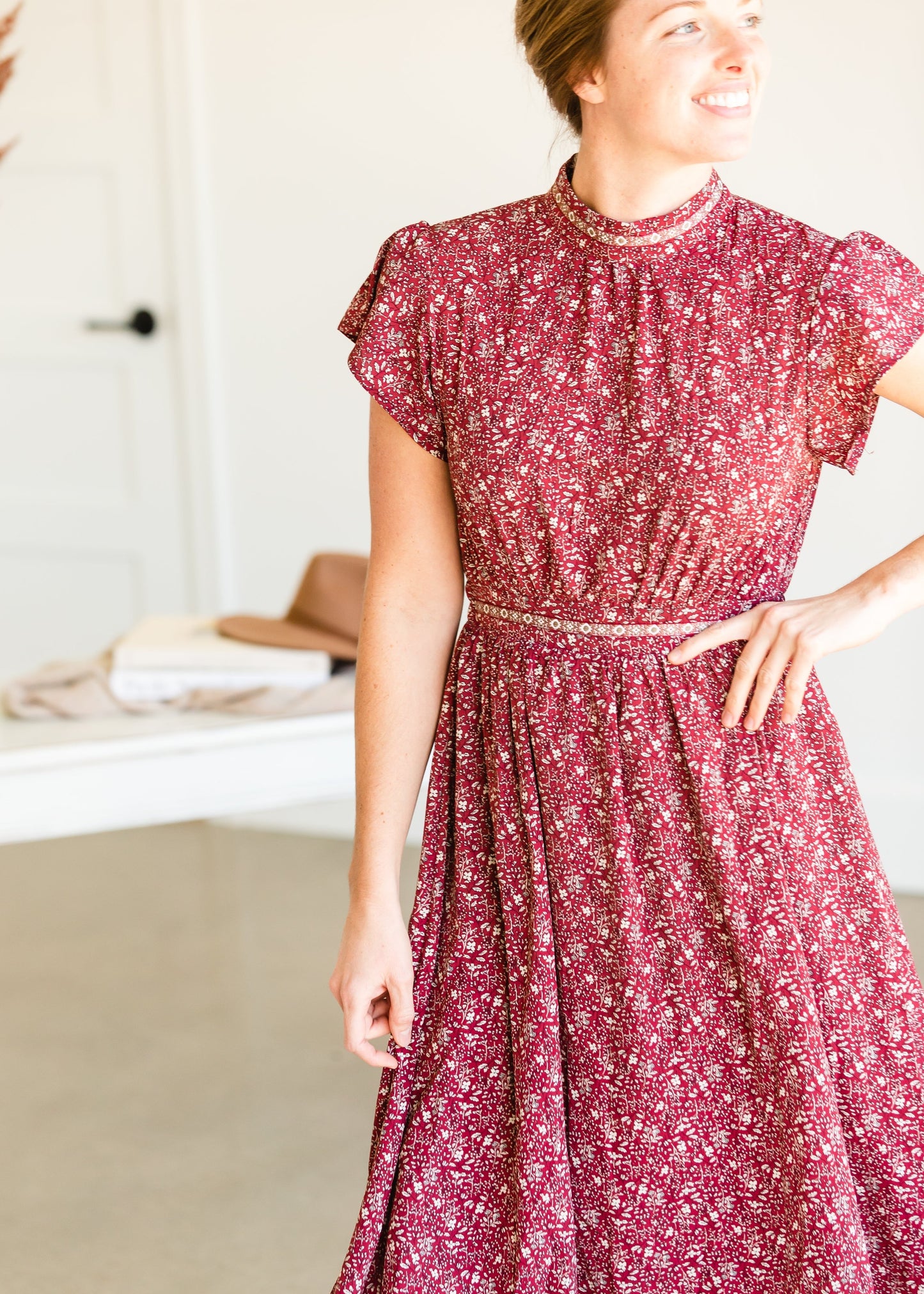 Burgundy Ditsy Print Floral Midi Dress - FINAL SALE Dresses