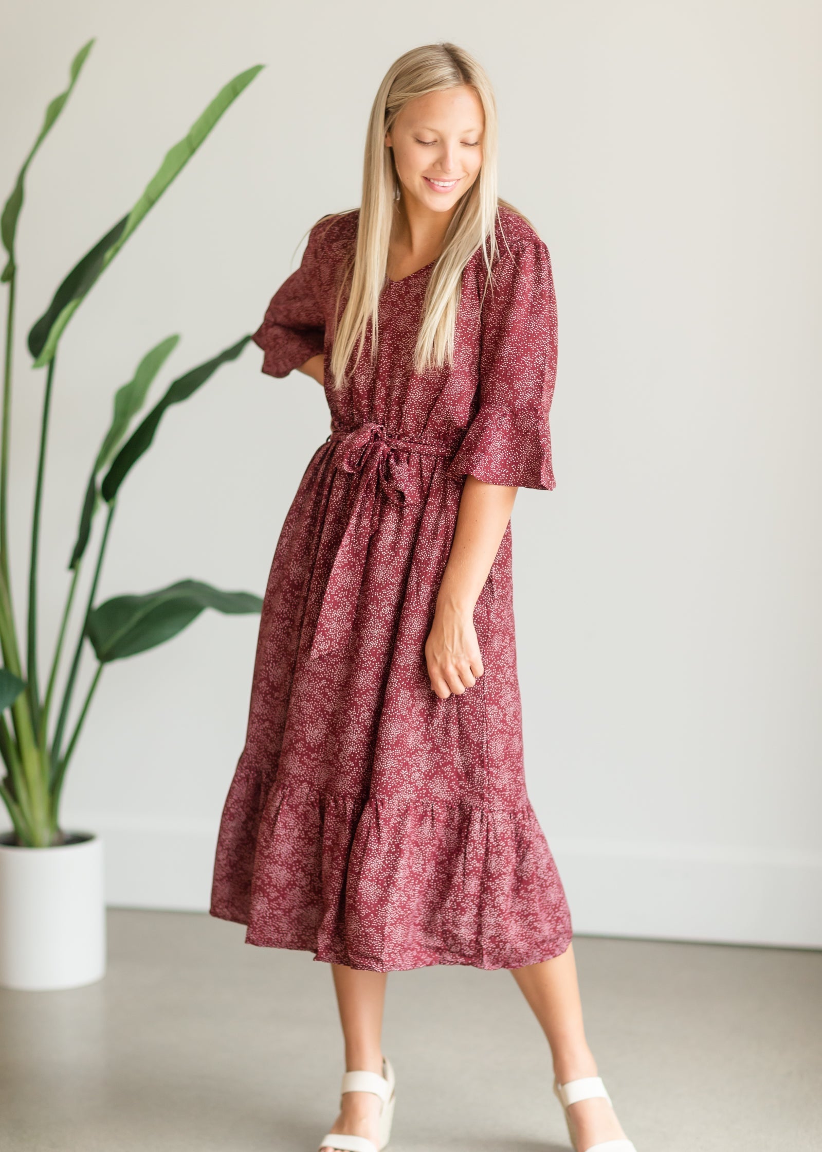 Burgundy Patterned Flouncy Midi Dress - FINAL SALE Dresses