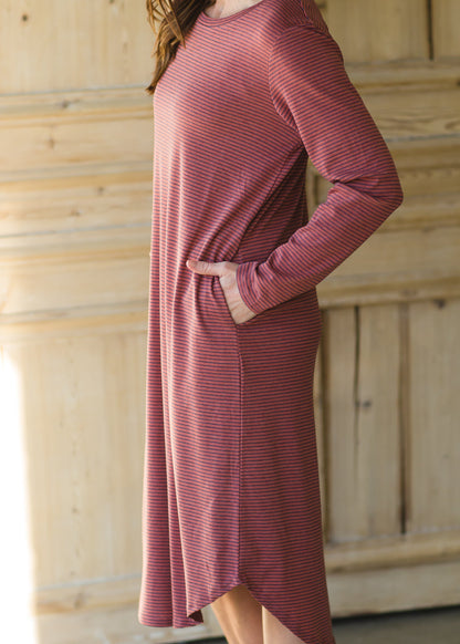 Burgundy Striped Long Sleeve Knit Dress - FINAL SALE Dresses