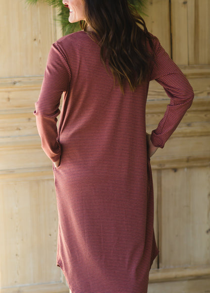 Burgundy Striped Long Sleeve Knit Dress - FINAL SALE Dresses