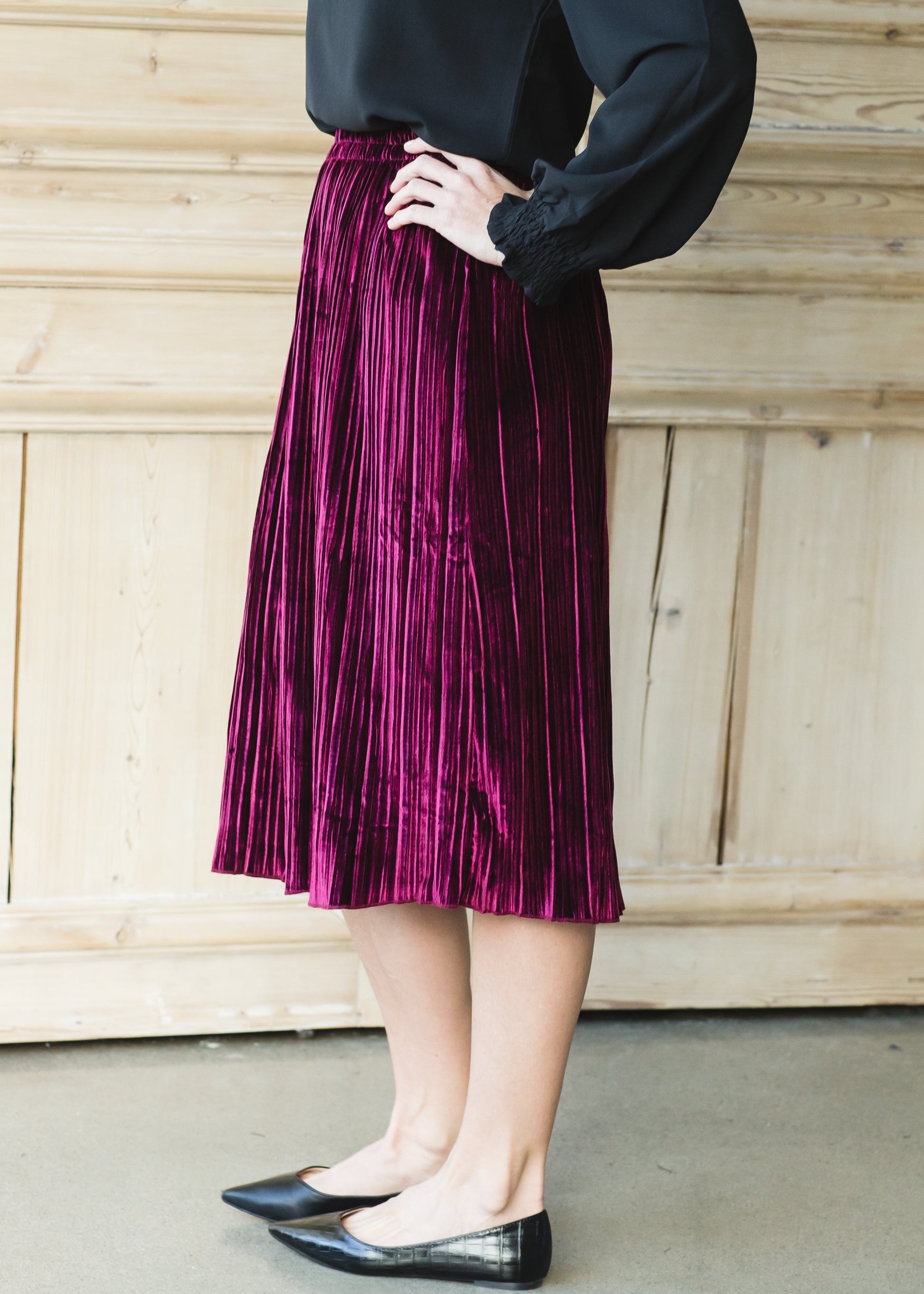 Burgundy Velvet Pleated Midi Skirt - FINAL SALE Skirts