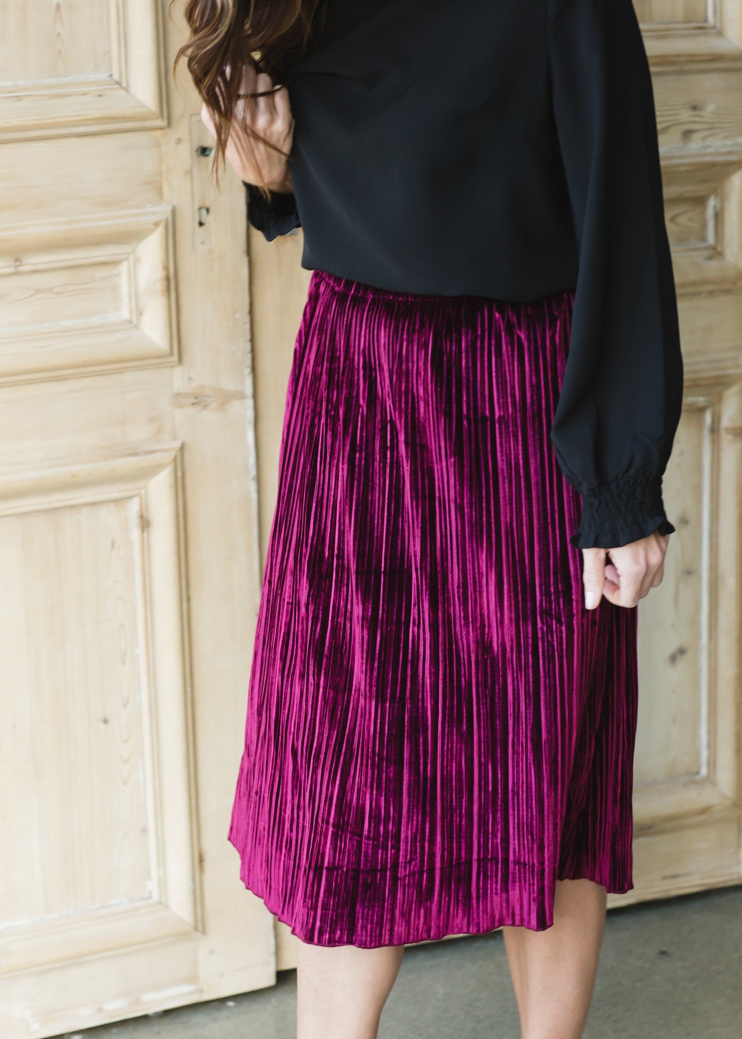 Burgundy Velvet Pleated Midi Skirt - FINAL SALE Skirts