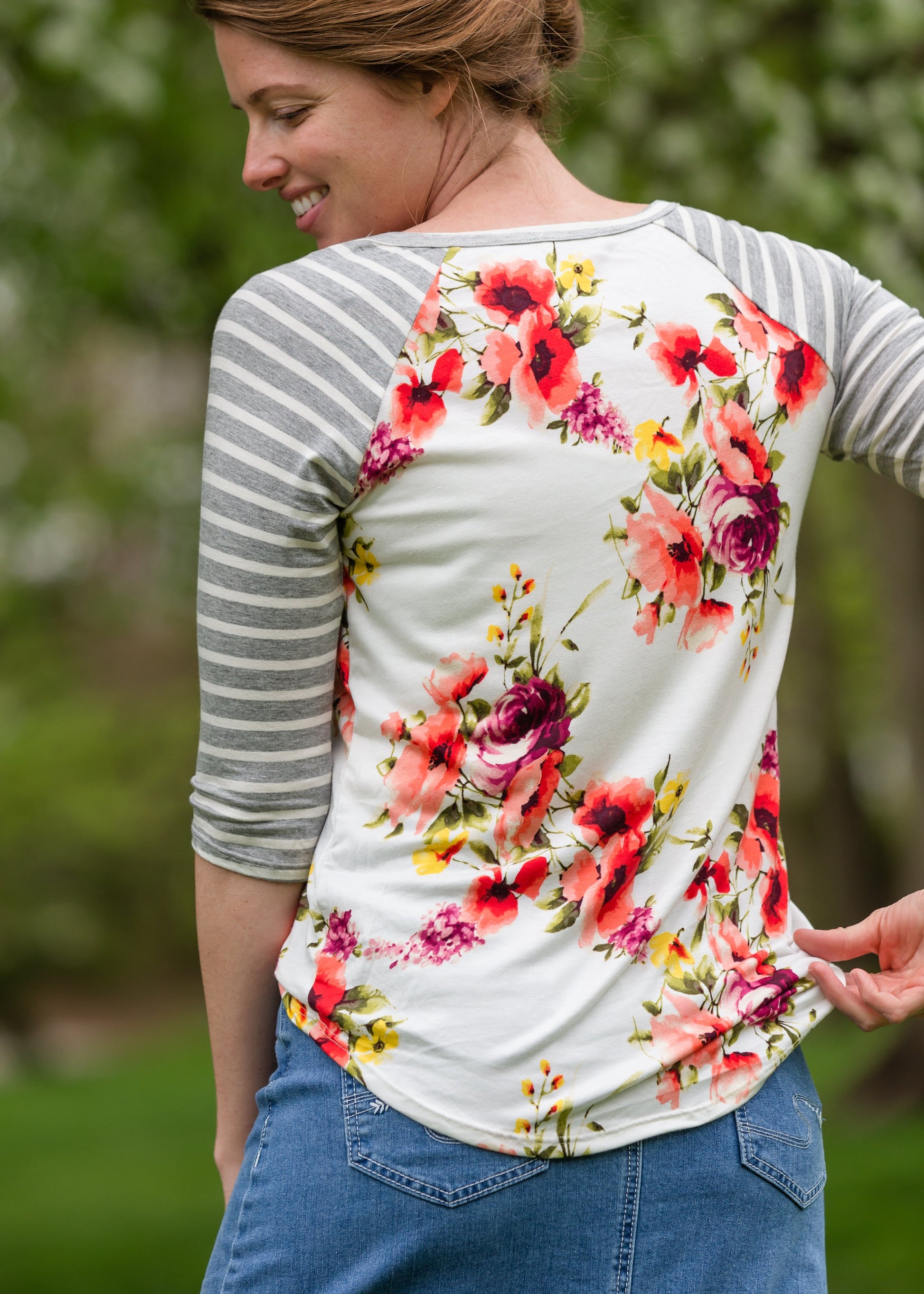 Buttery Soft Floral and Stripe Raglan Top Tops