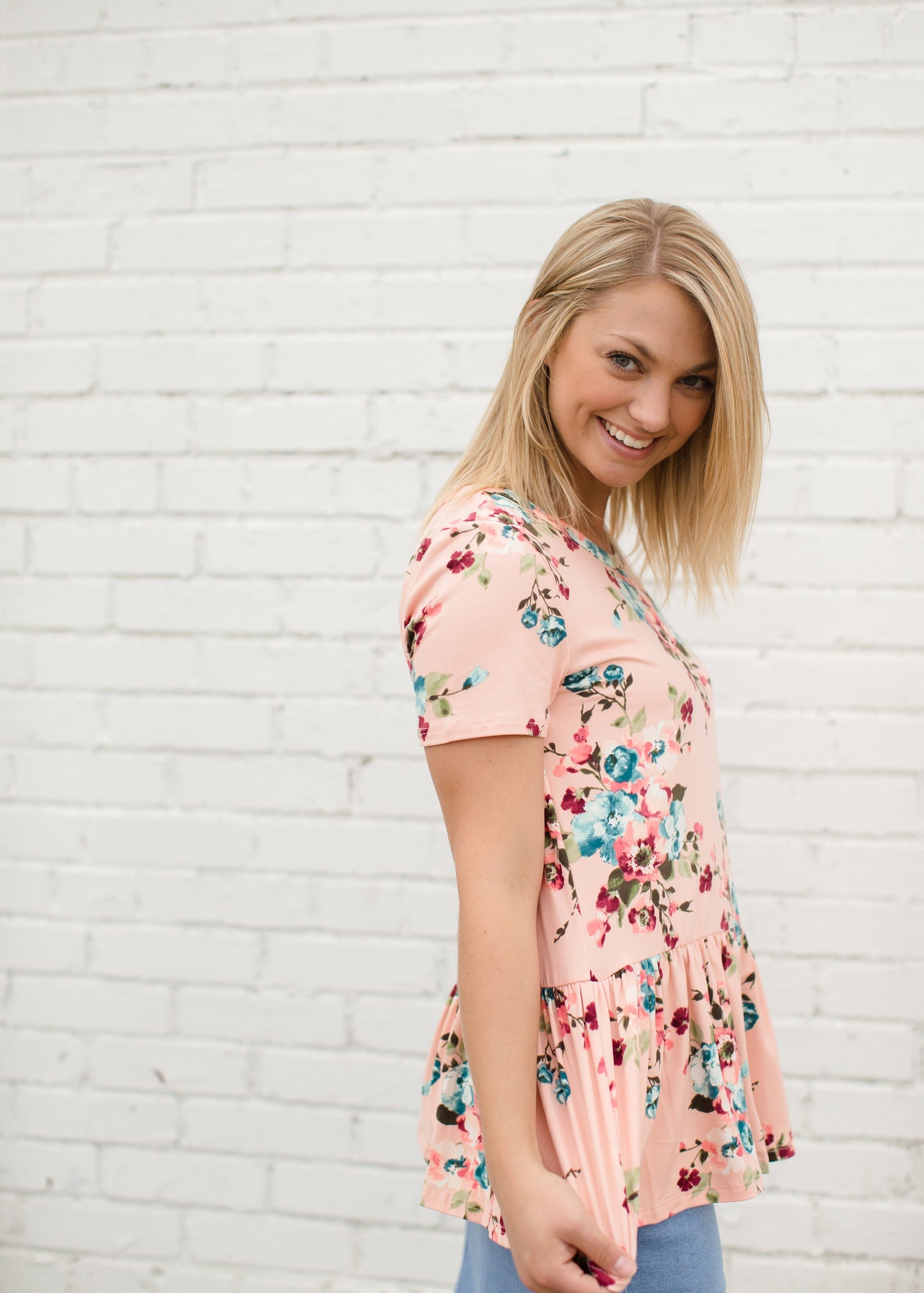 Coral Floral Modest Peplum Top