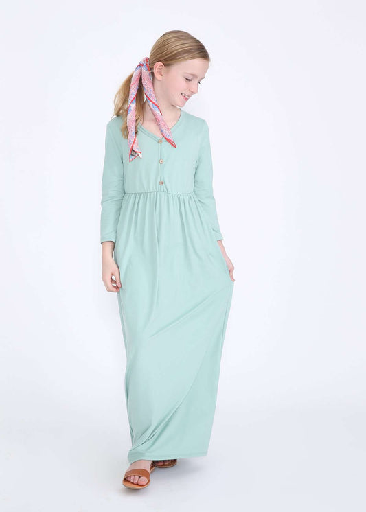 Modest girls mint maxi dress with faux buttons