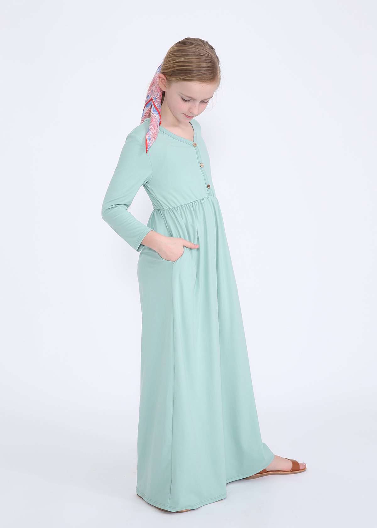 Modest girls mint maxi dress with faux buttons