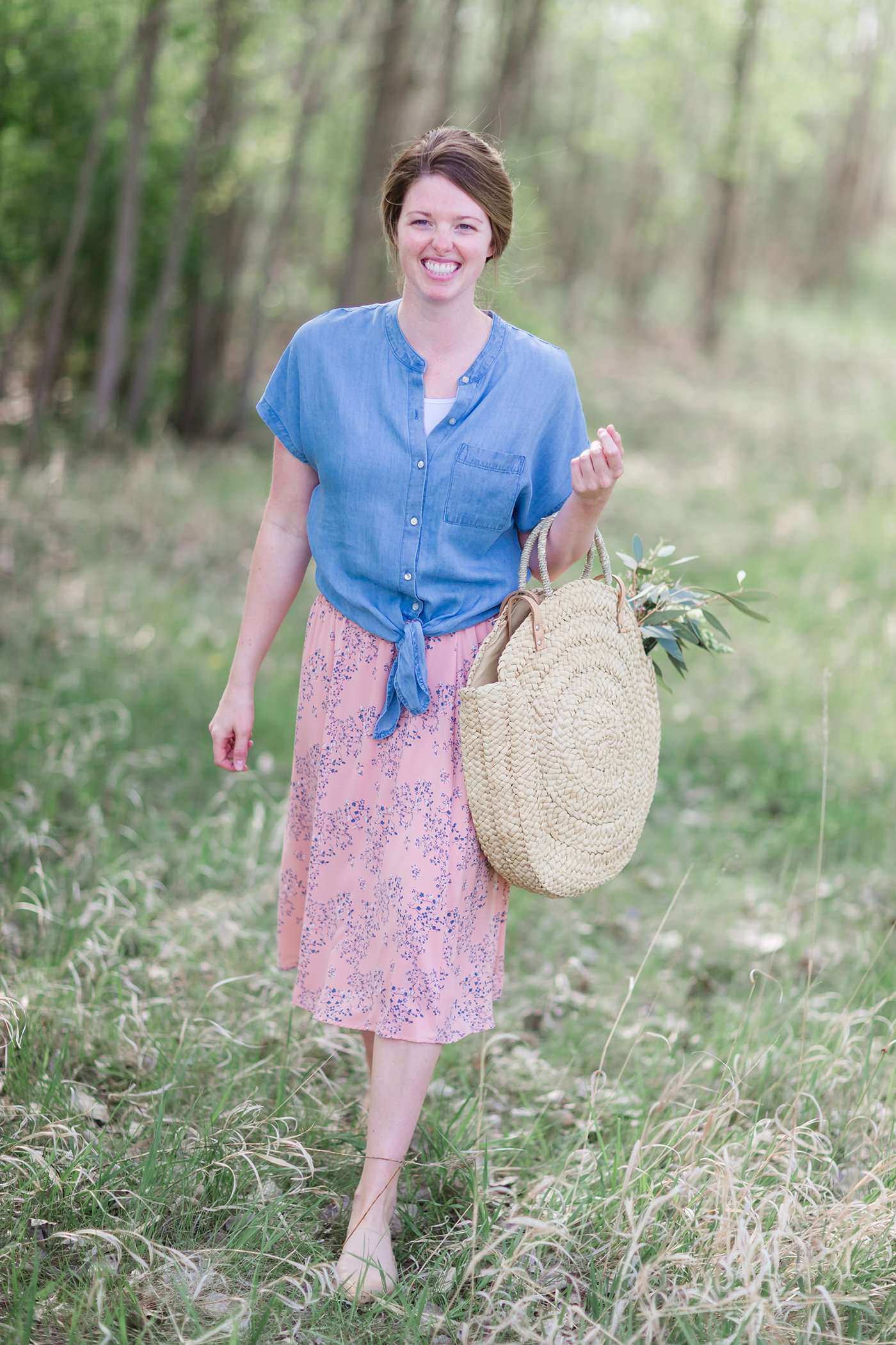 Modest button down denim tie front tee.