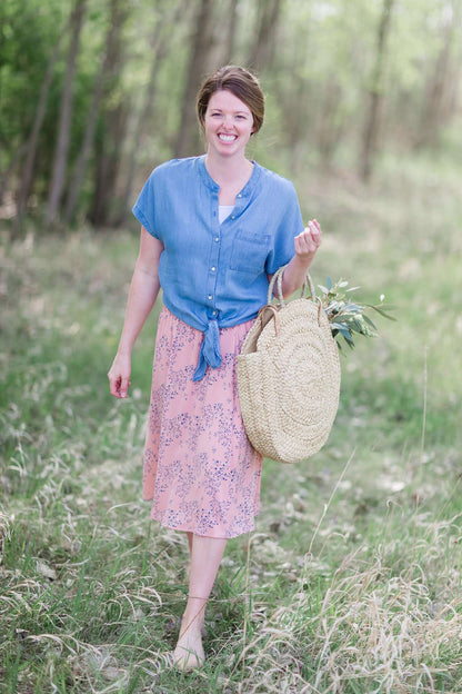 Modest button down denim tie front tee.