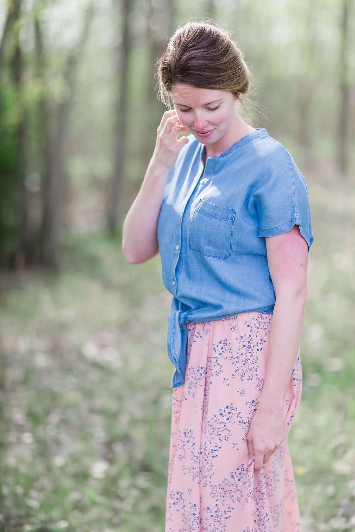 Modest button down denim tie front tee.