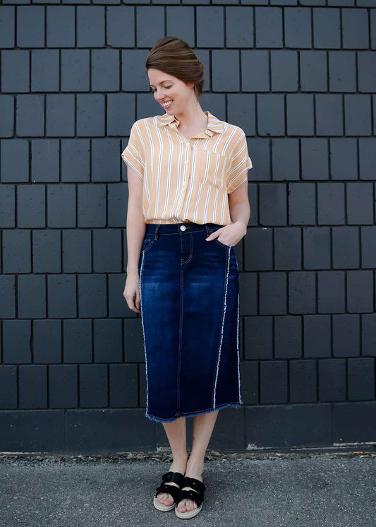 Modest women's button down collared mustard striped top