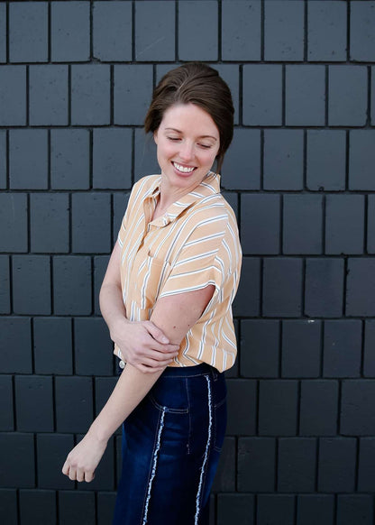 Modest women's button down collared mustard striped top