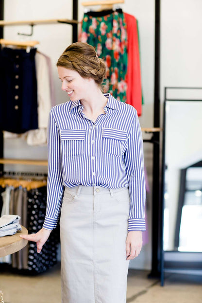 Striped button up navy and white collar blouse