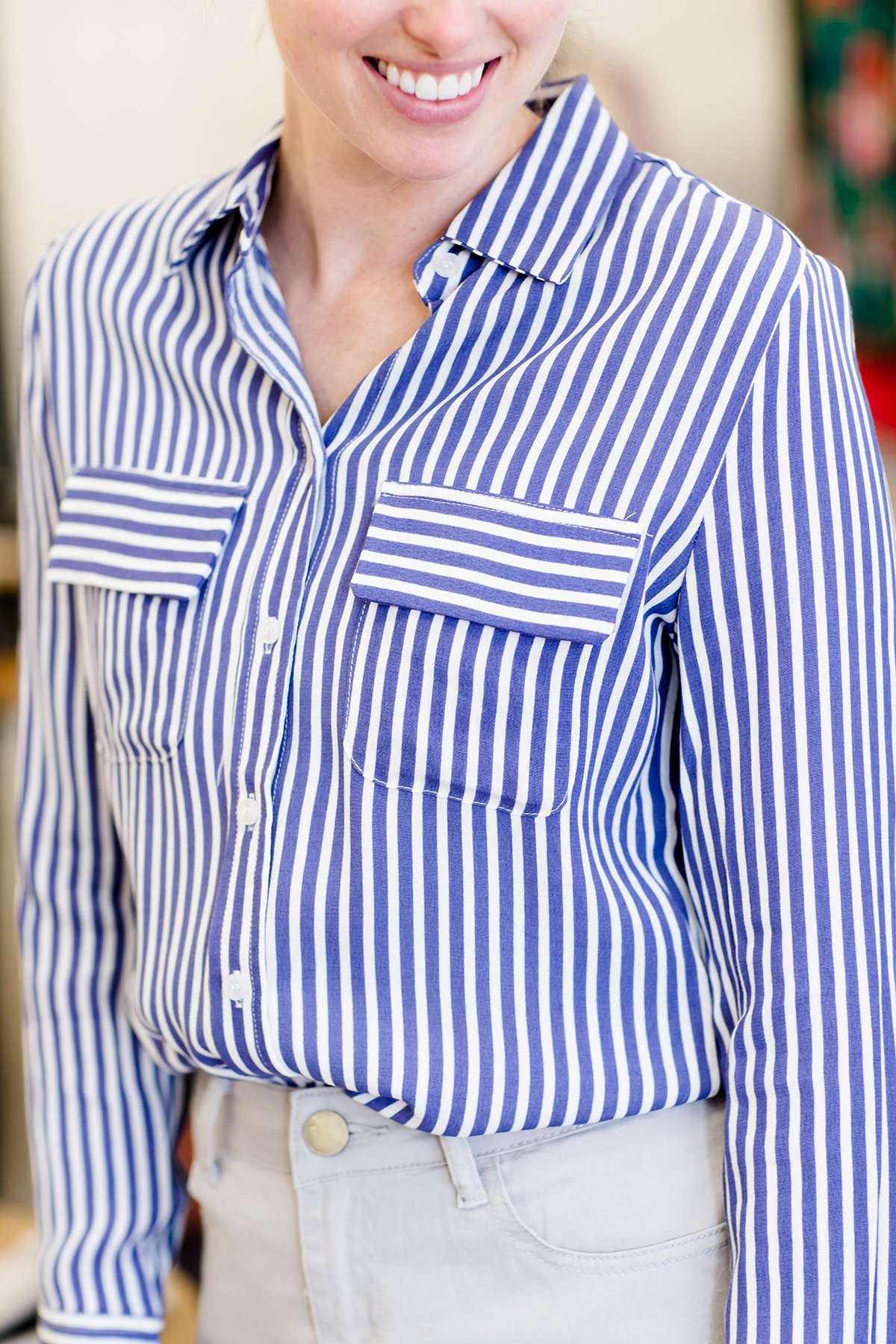 Striped button up navy and white collar blouse