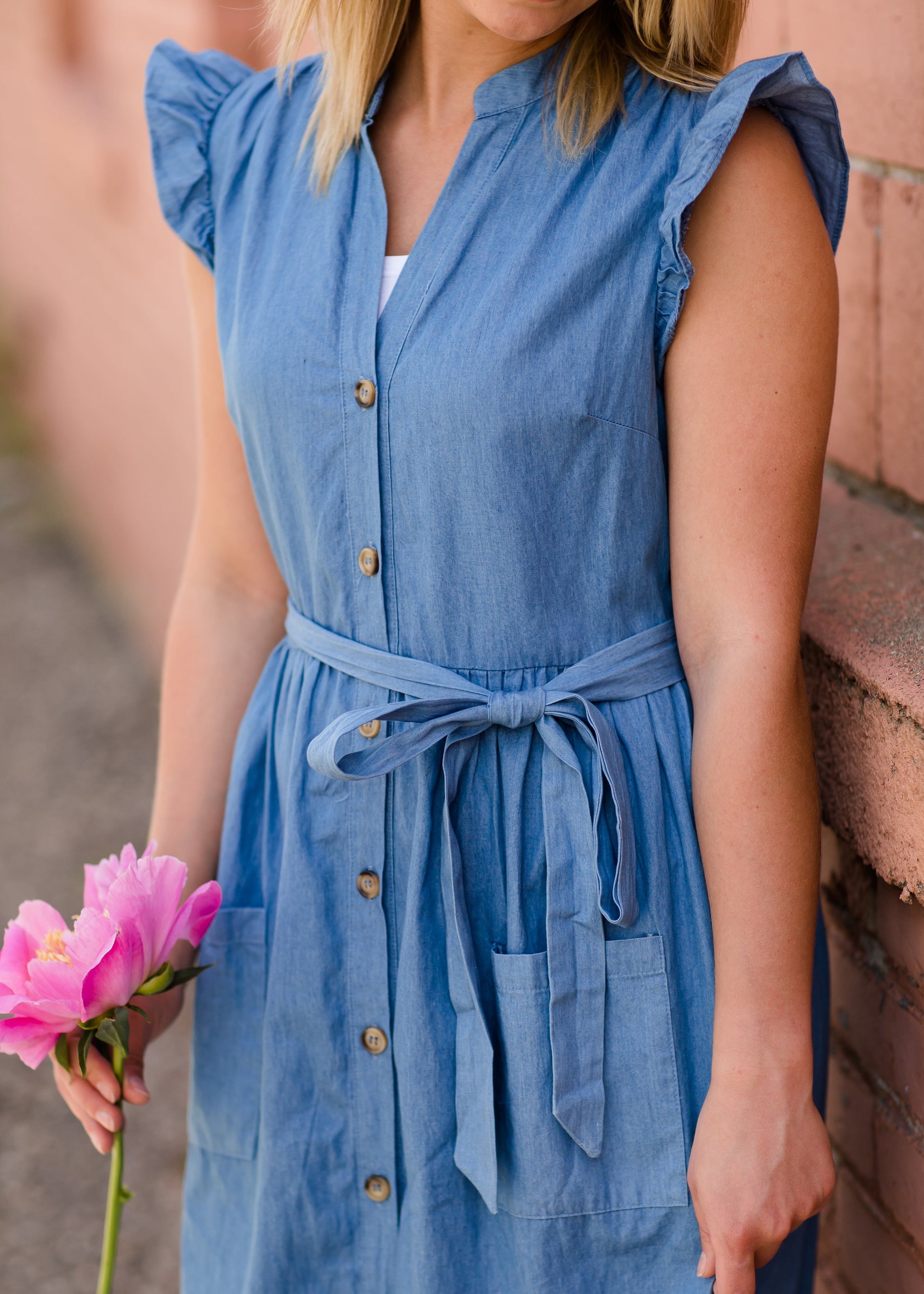 Women's Button Front Denim Maxi Dress with Waist Tie