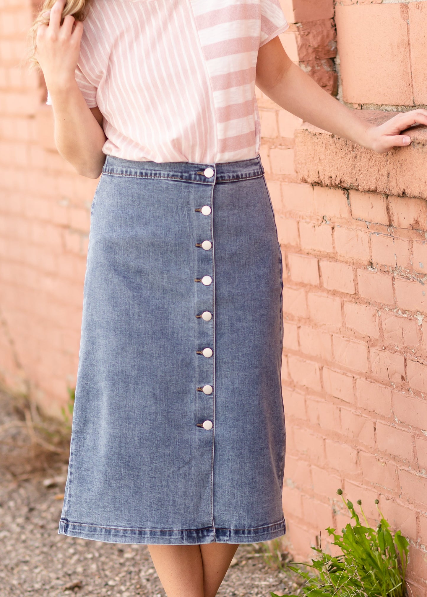 Button Front Denim Midi Skirt Skirts