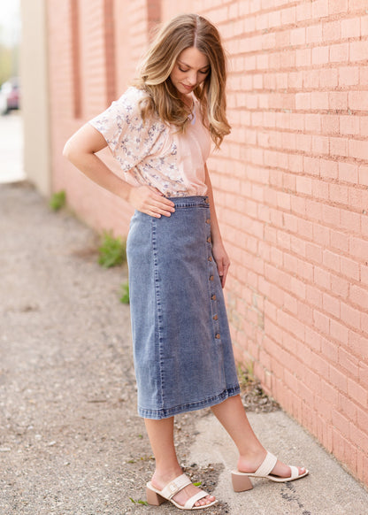 Button Front Denim Midi Skirt Skirts