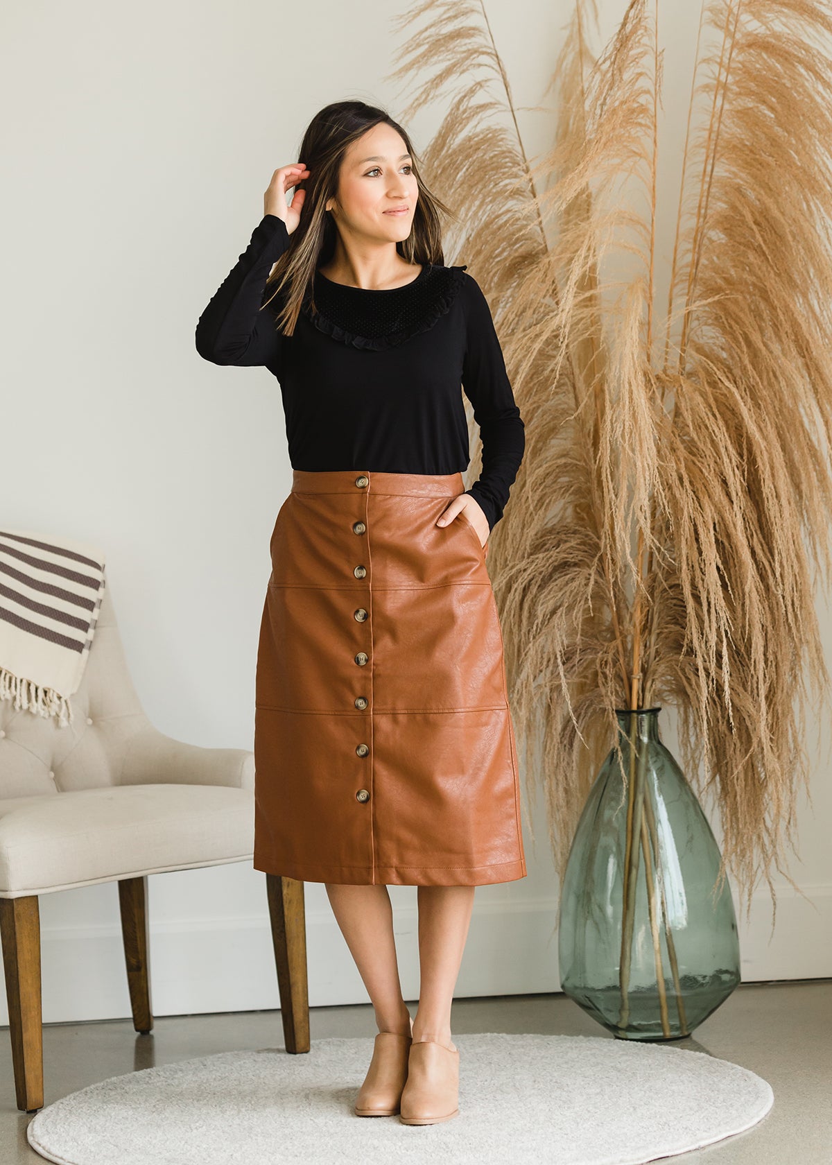 Button Front Faux Leather Midi Skirt - FINAL SALE Skirts