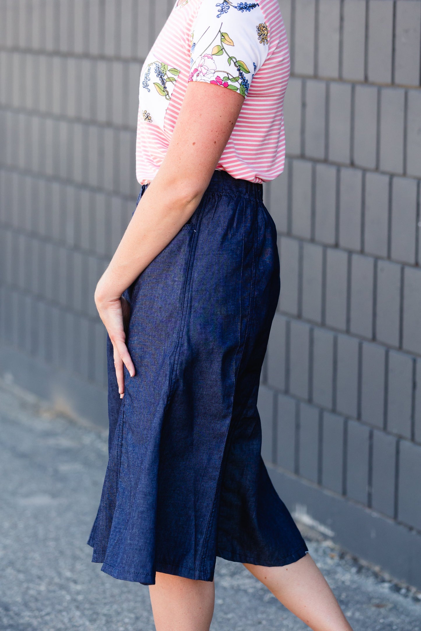 Button Front Stretch Waist Denim Midi Skirt - FINAL SALE Skirts