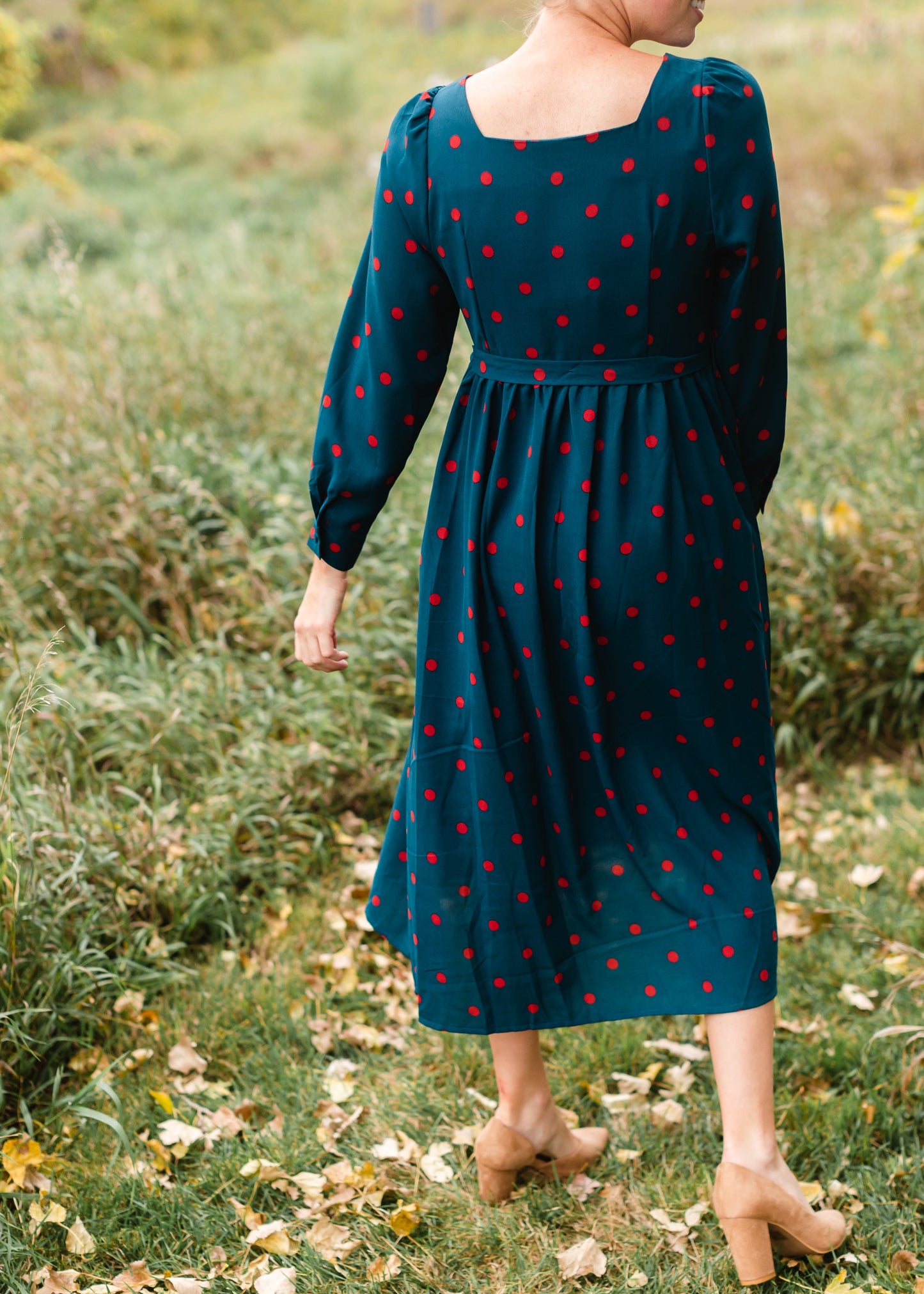 Button Front Tie Waist Polka Dot Midi Dress - FINAL SALE Dresses