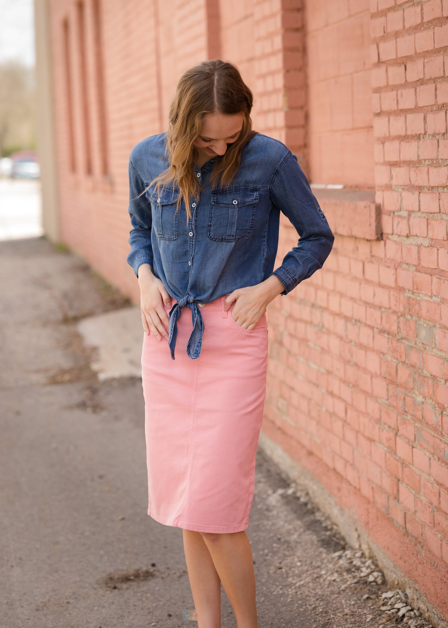 Button Front Tie Washed Denim Top - FINAL SALE Tops