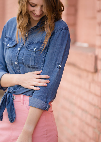 Button Front Tie Washed Denim Top - FINAL SALE Tops