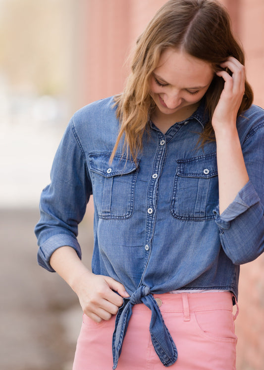 Button Front Tie Washed Denim Top - FINAL SALE Tops