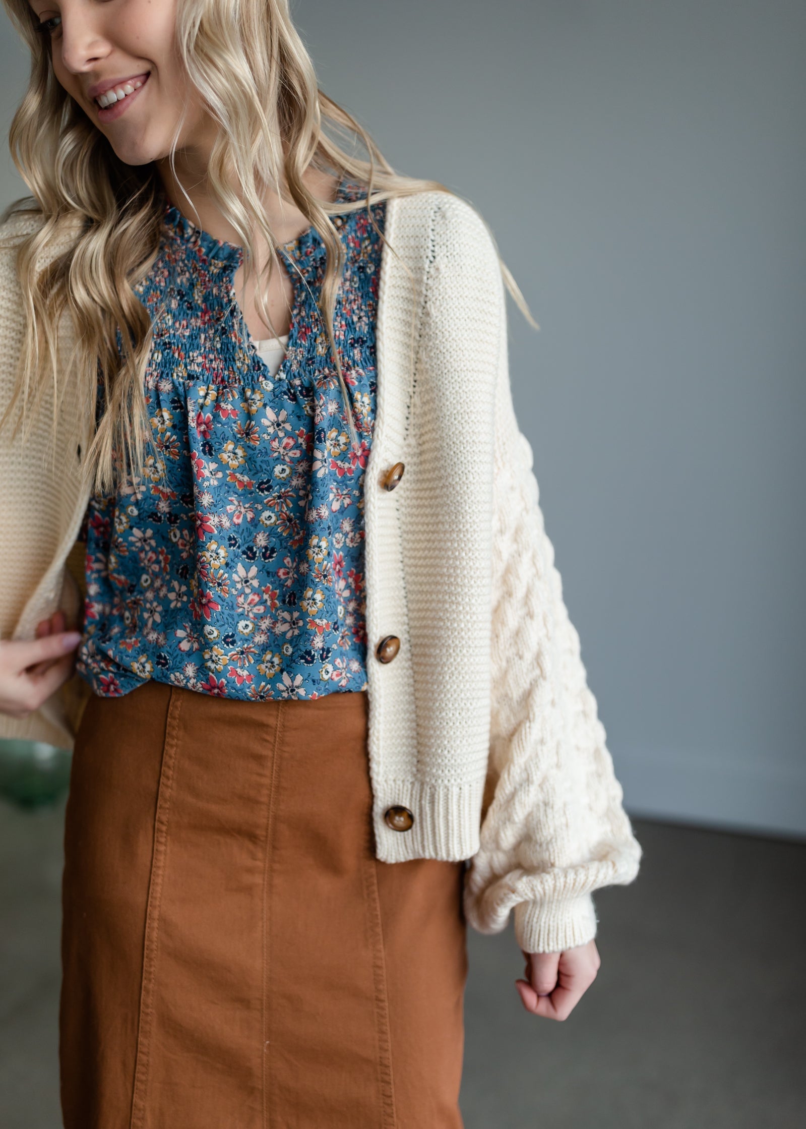 Button Up Balloon Sleeve Cardigan Tops pOLA