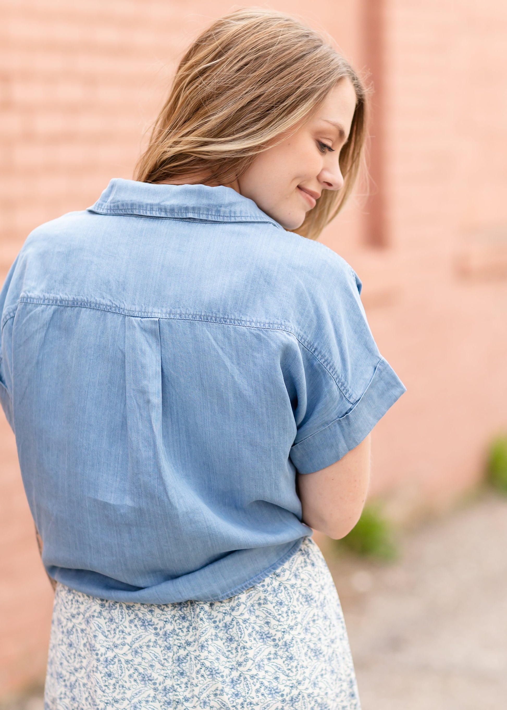 Button Up Chambray Short Sleeve Tie Front Shirt Tops