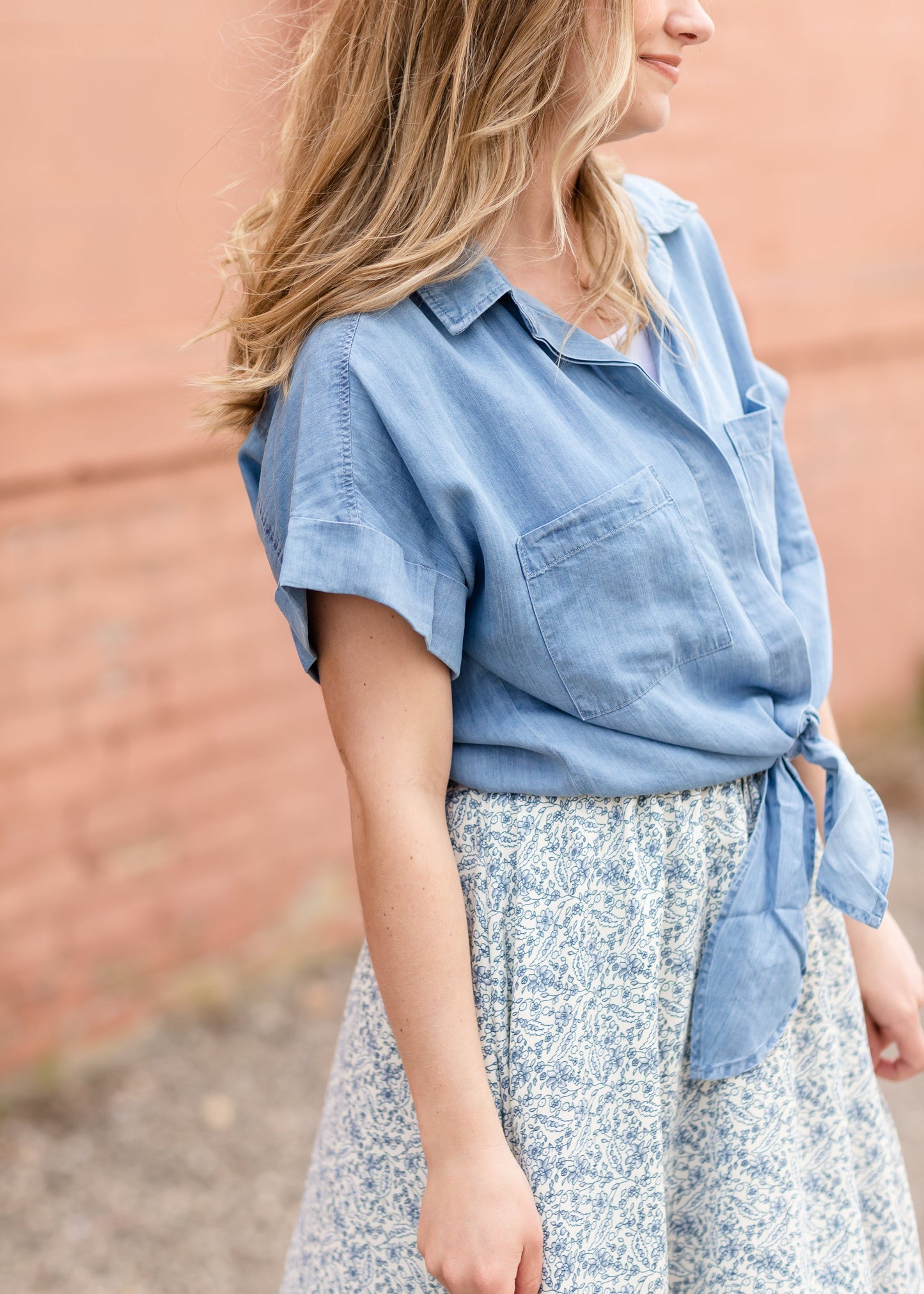 Button Up Chambray Short Sleeve Tie Front Shirt Tops