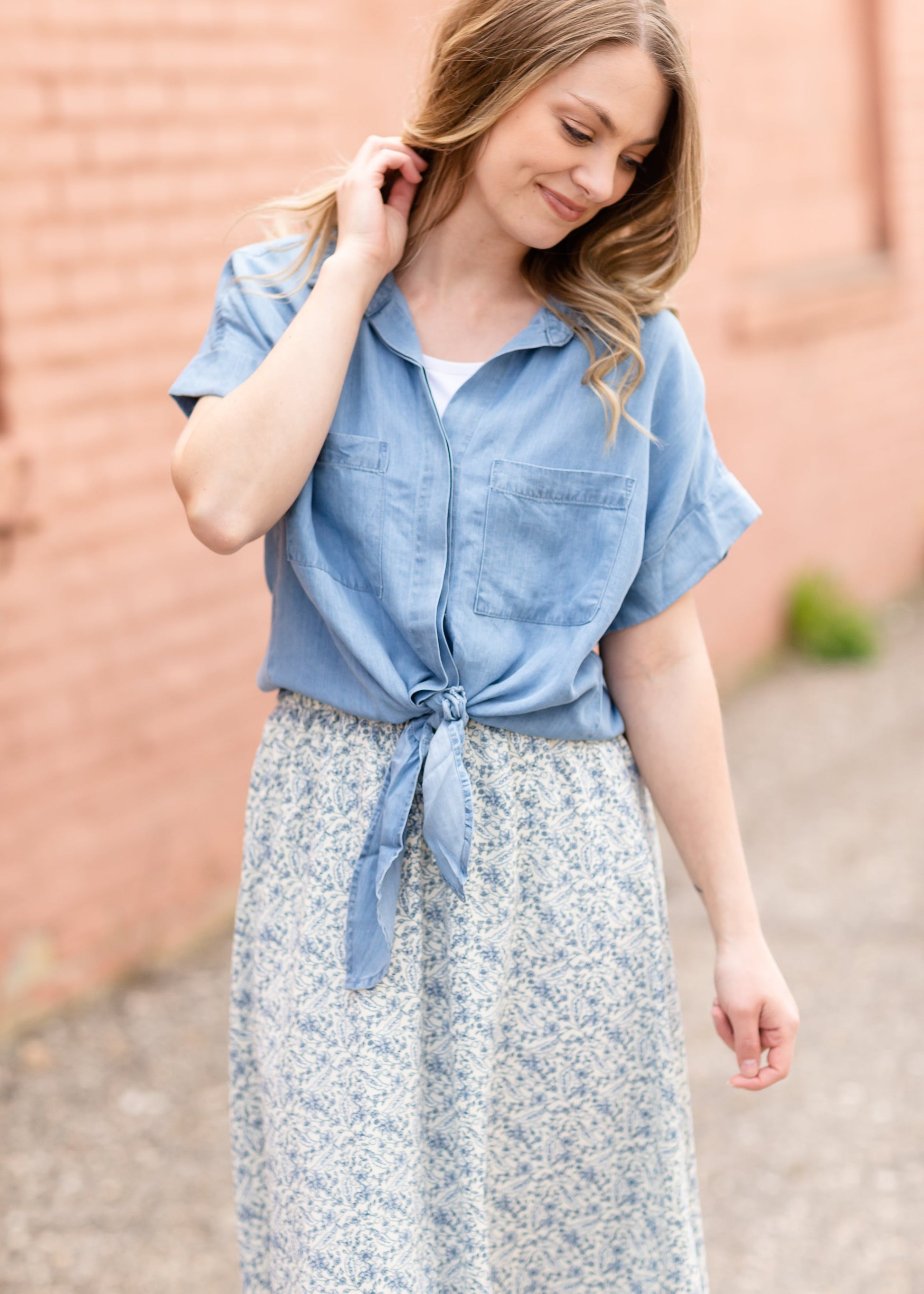 Button Up Chambray Short Sleeve Tie Front Shirt Tops