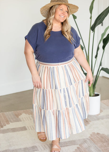 Button Up Tiered Striped Skirt Skirts