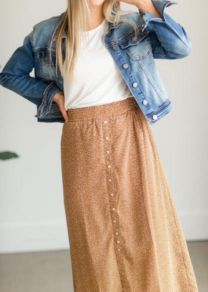 Camel Button Front Patterned Maxi Skirt Skirts