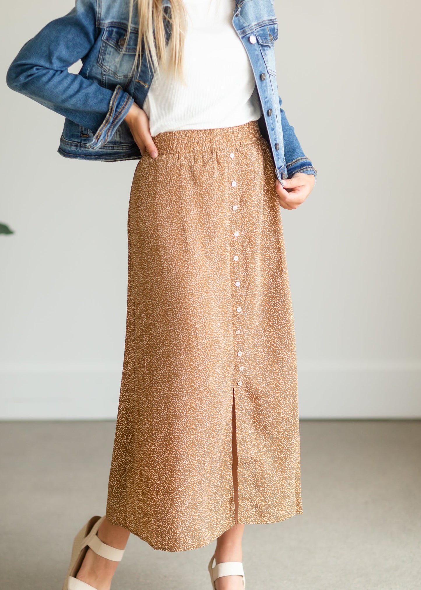 Camel Button Front Patterned Maxi Skirt Skirts