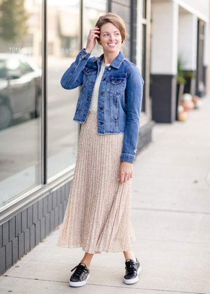 Camel Floral Print Pleated Maxi Skirt Skirts Pologram