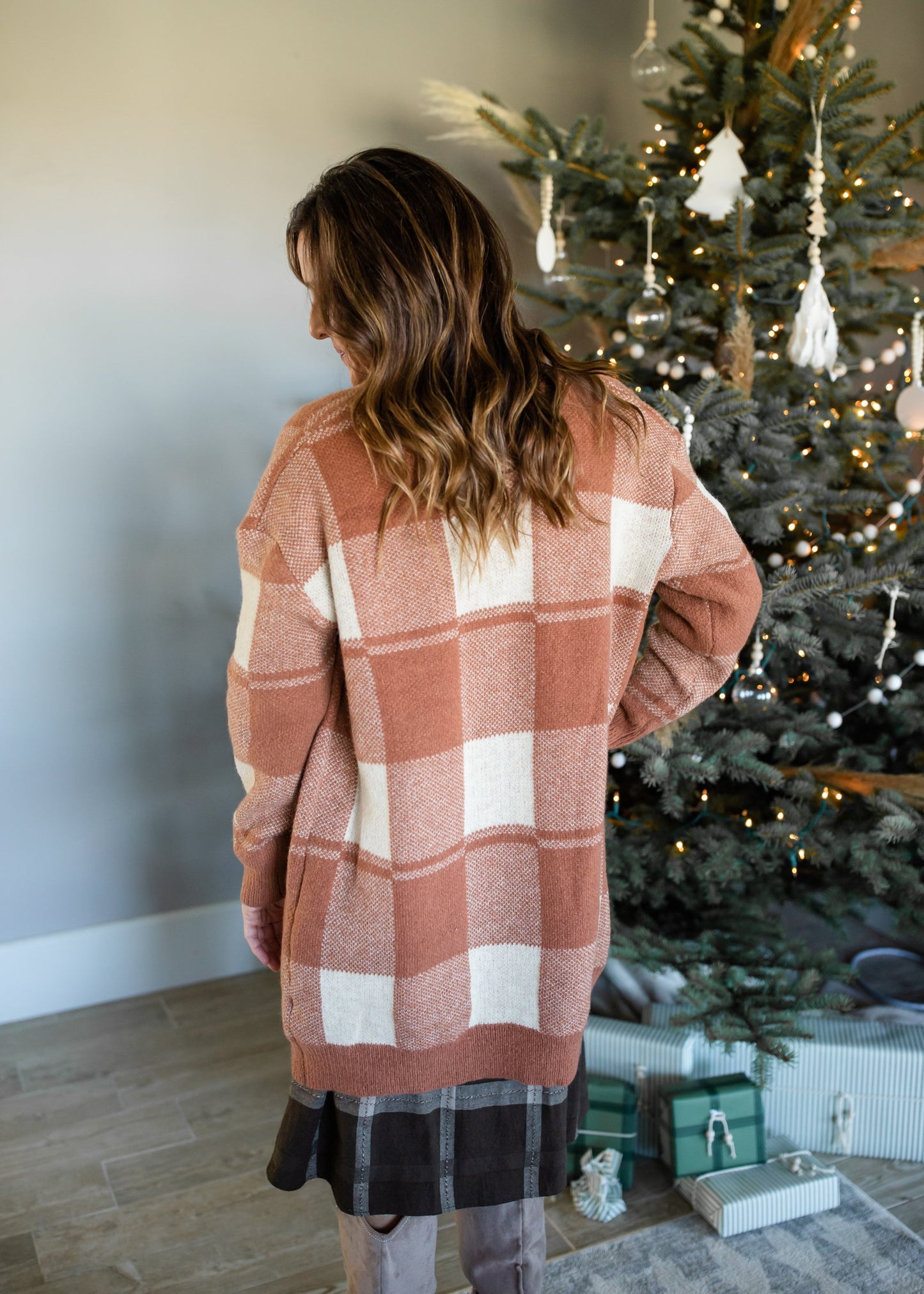 Camel Long Sleeve Plaid Cardigan Tops Polagram