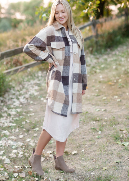 Camel Plaid Button Front Shacket Tops Polygram