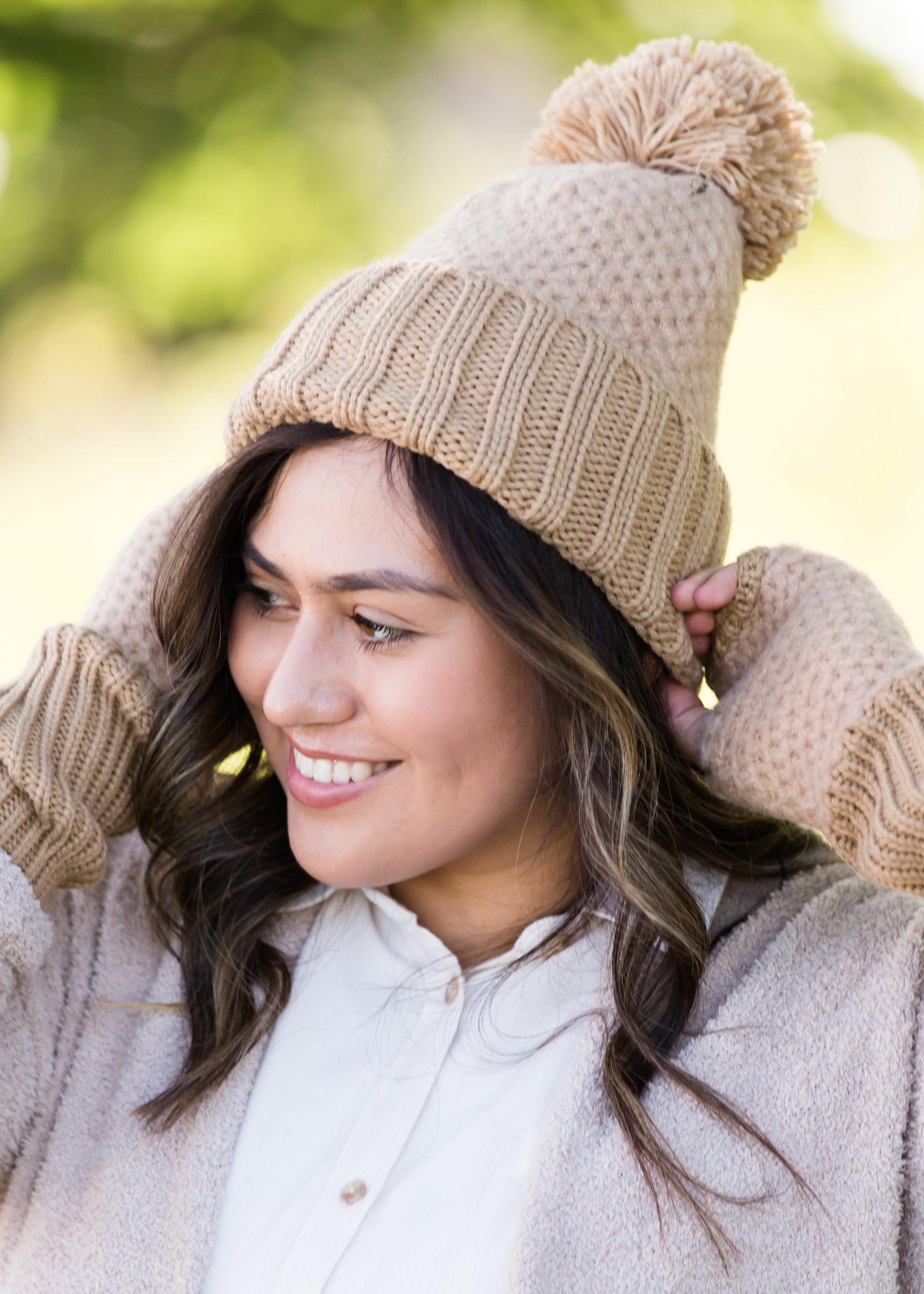 cashmere waffle knit hat and gloves in a taupe color