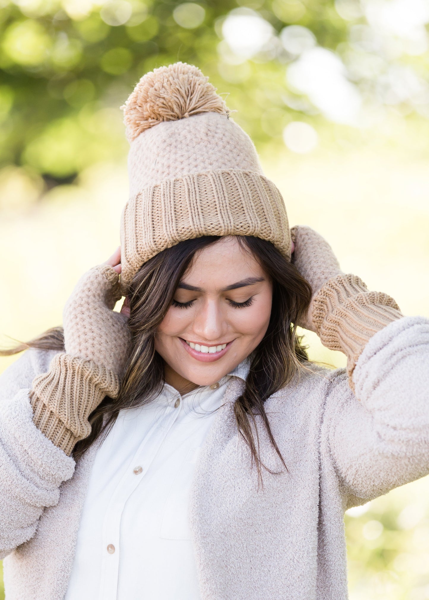 cashmere waffle knit hat and gloves in a taupe color