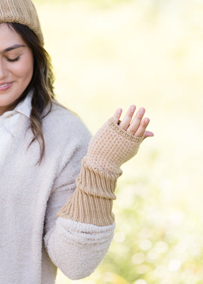 cashmere waffle knit hat and gloves in a taupe color