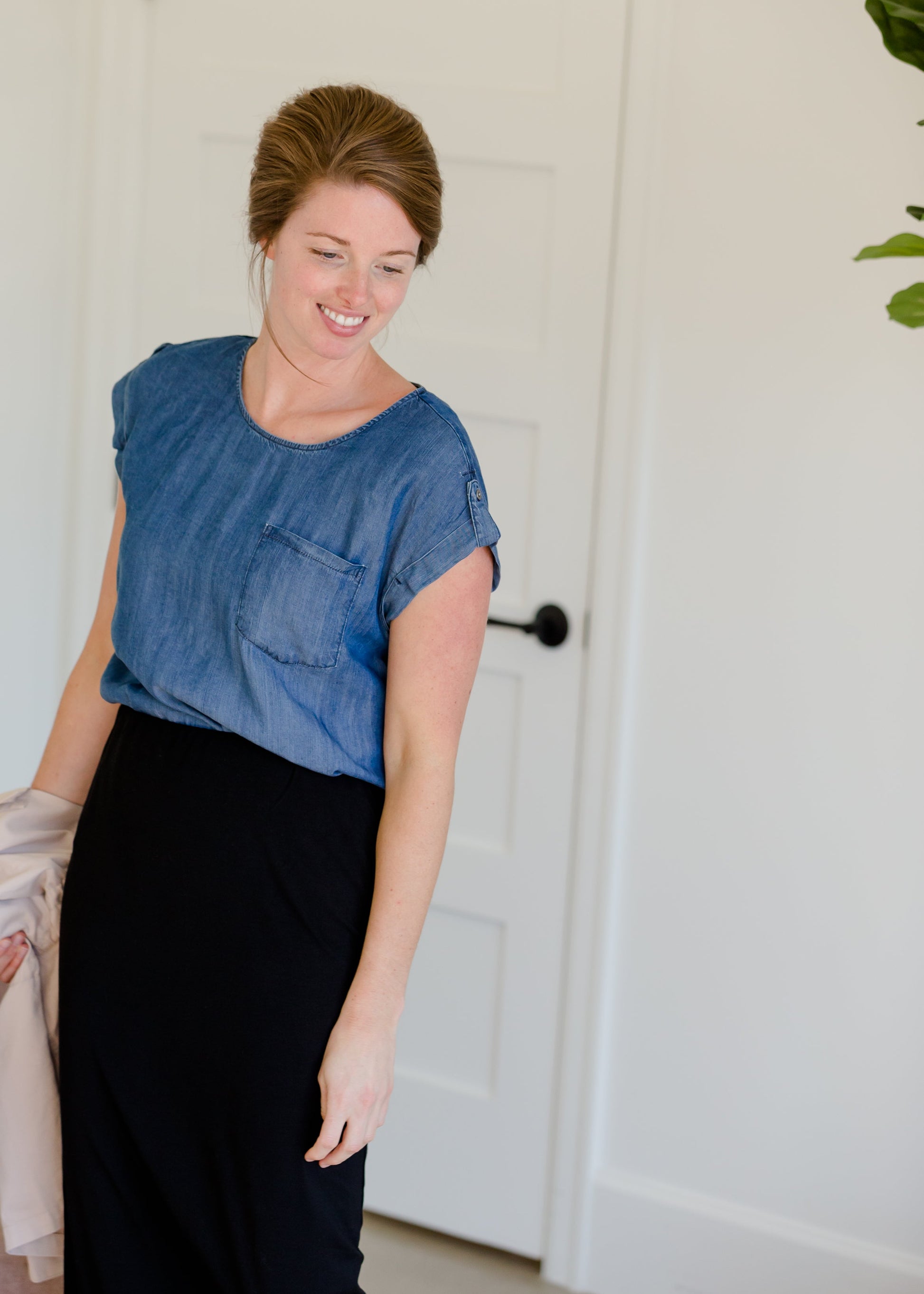 Chambray Button Back Pocket Top Tops