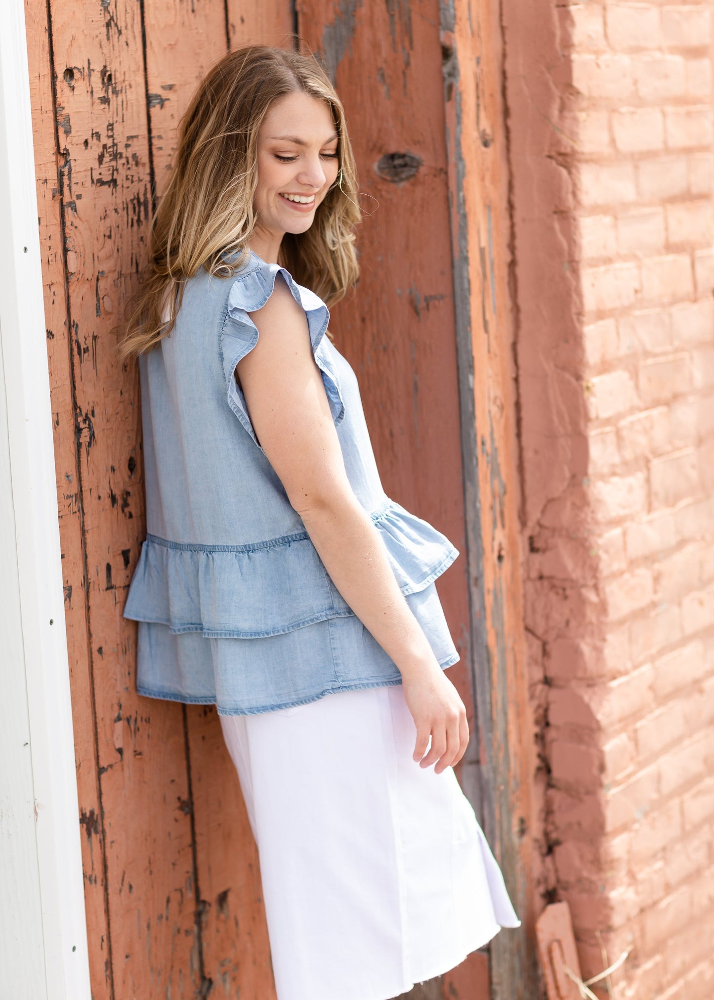 Chambray Button Ruffle Sleeve Blouse Tops