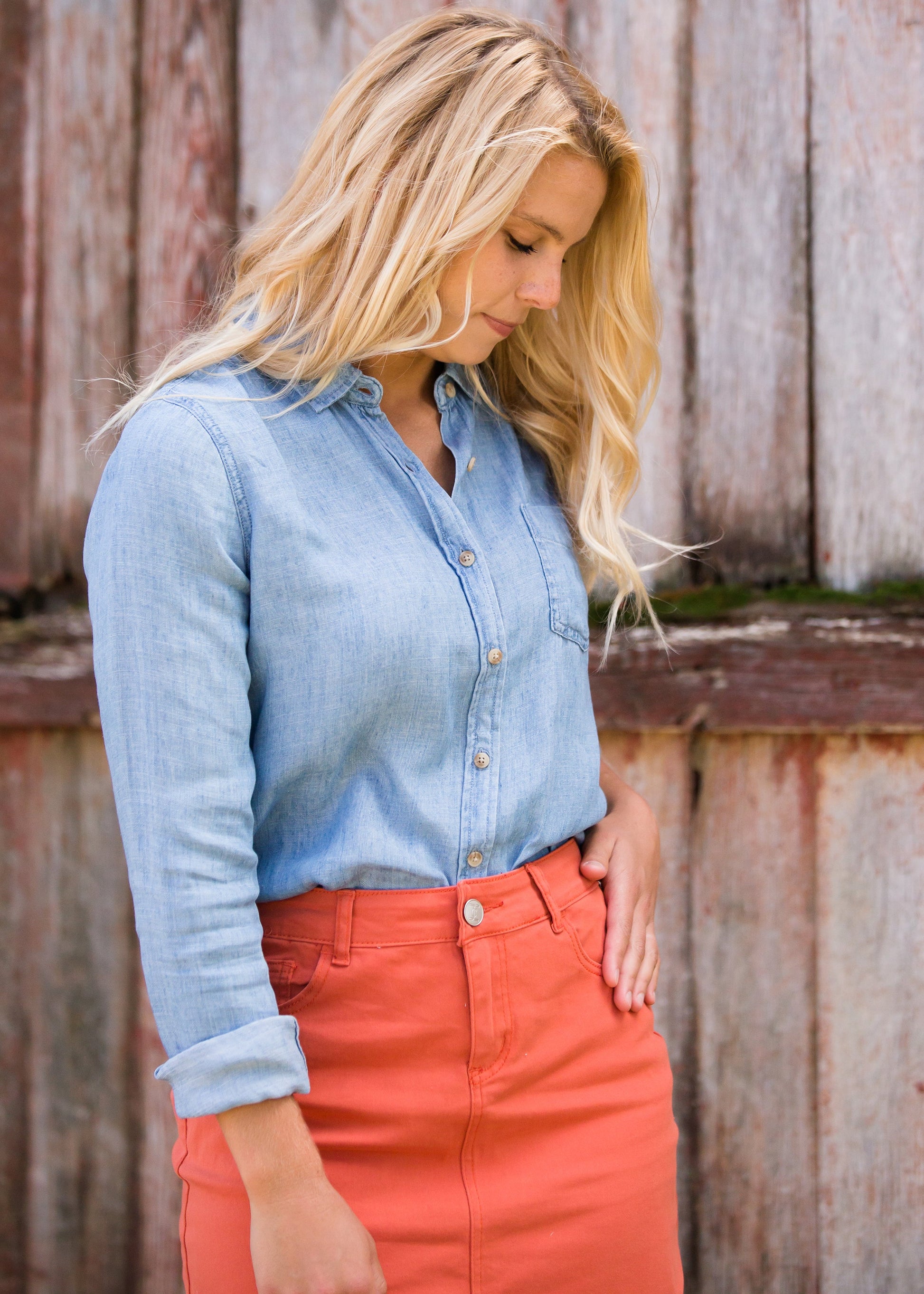 Womens Chambray Button Up Pocket Top