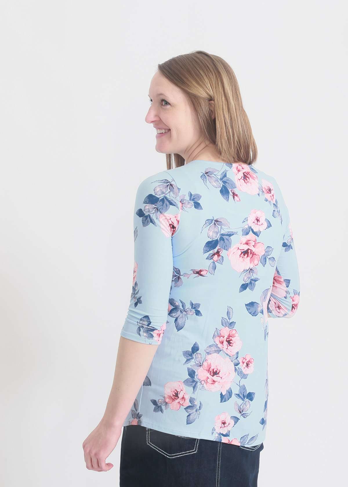 light blue and floral pleated maternity 3/4 sleeve top