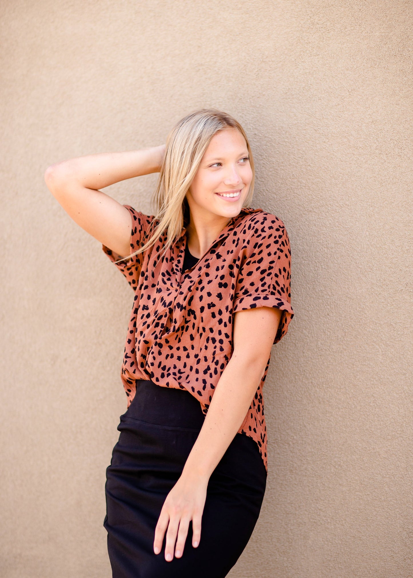 Cheetah Print Button Up Front Pocket Top Tops